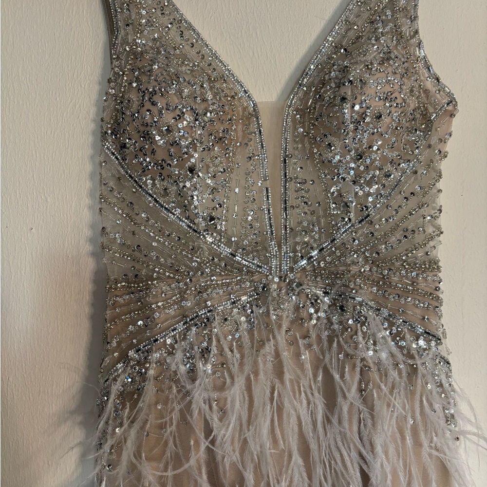 Jovani Silver and Cream Feathered Prom Dress - Picture 2 of 5